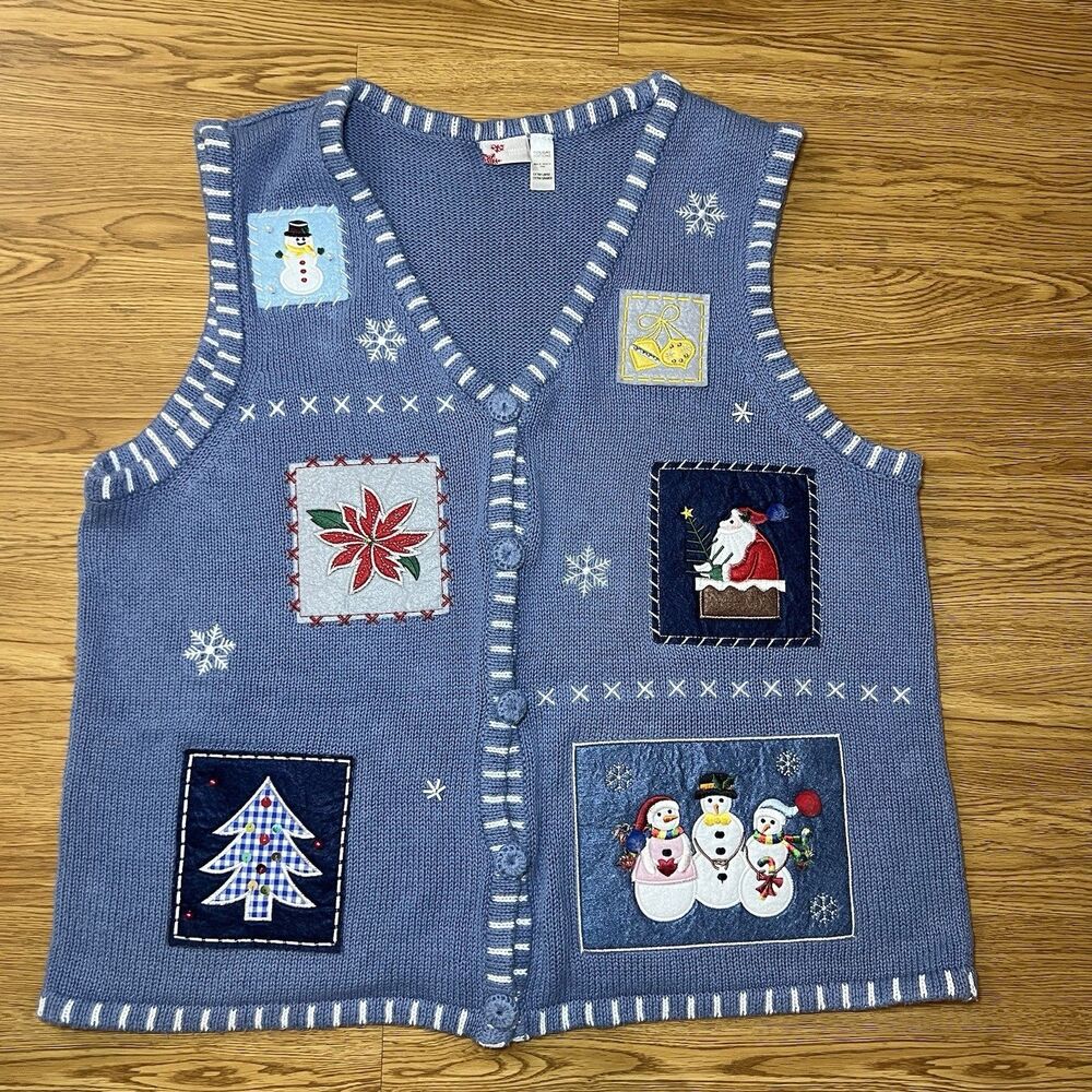 Vintage Holiday Editions Womens XL Christmas Sweater Vest Holiday Appliques